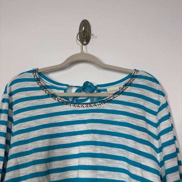 NEW Chicos 4 XXL (20) 3/4 Sleeve Turquoise White Stripe Beaded Boatneck Blouse - Picture 5 of 5